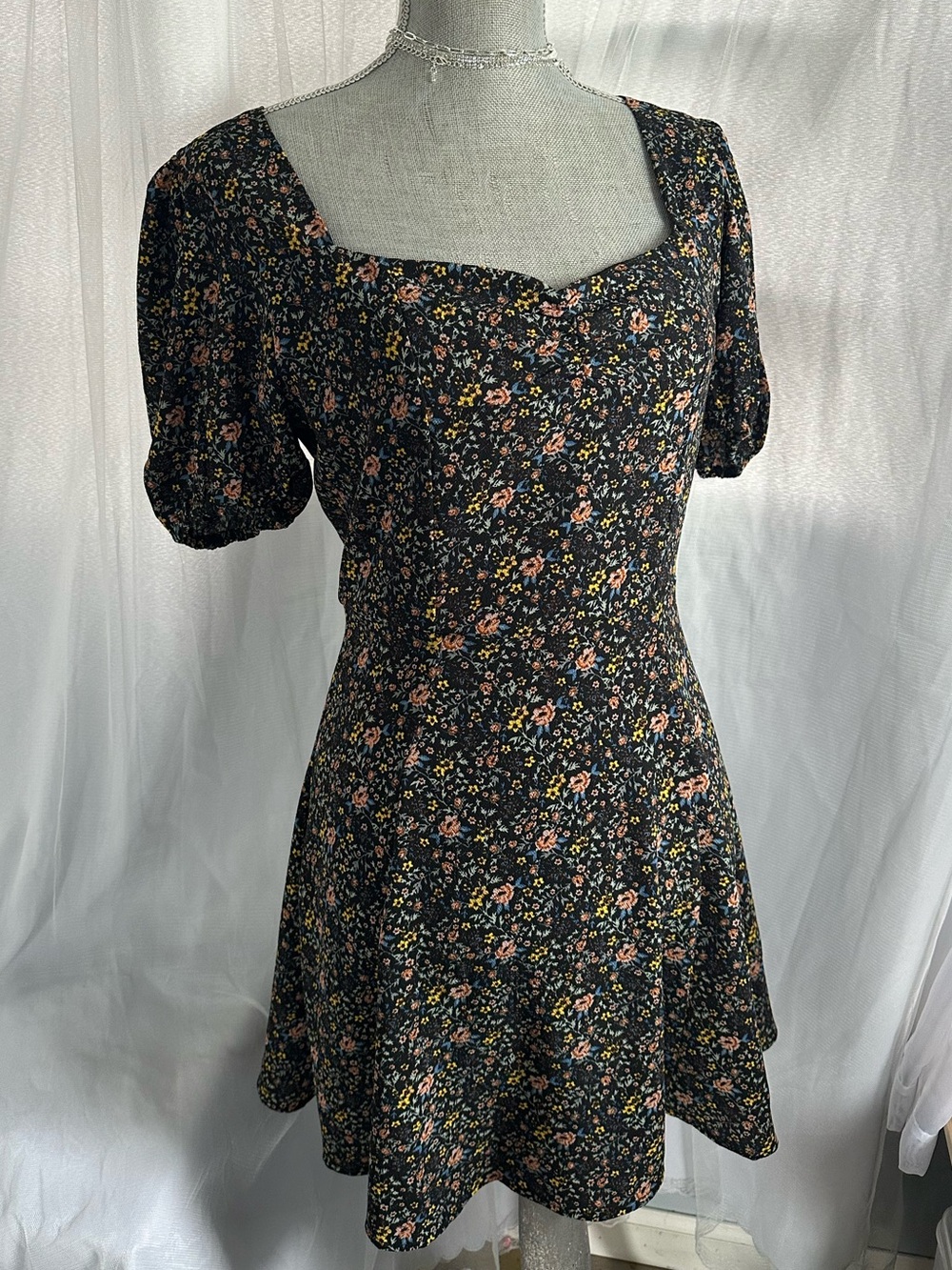 French Connection Black Floral Square-Neck Puff Sleeve Mini Dress